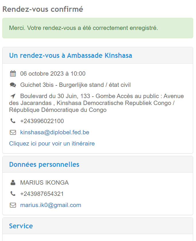 Confirmation de reservation de rendez-vous