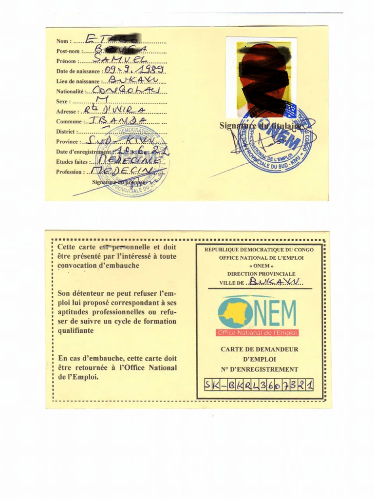 Obtenir la Carte de Demandeur d'Emploi de l'ONEM en RDC